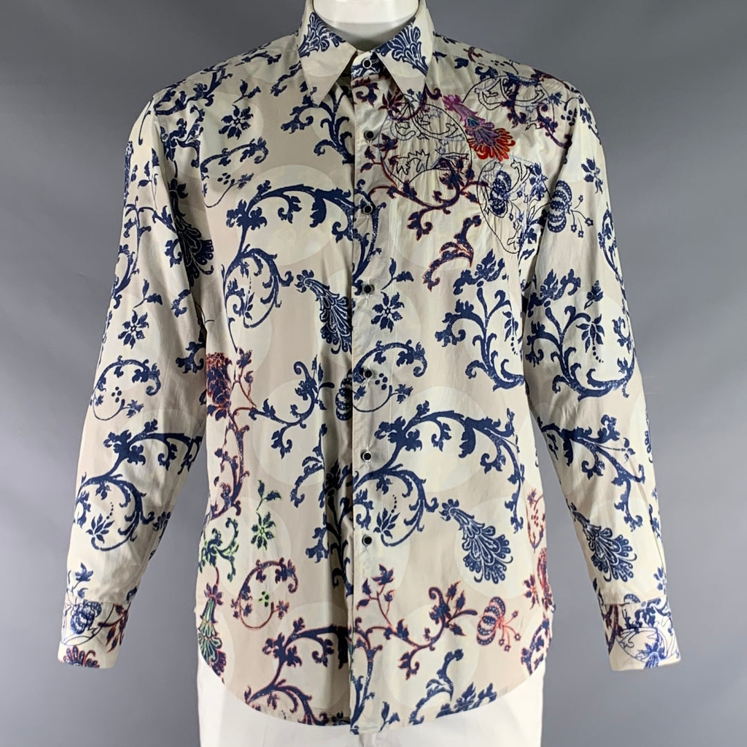 robert graham long sleeve dress shirts ROBERT GRAHAM Size L Beige Navy Print Cotton Button Up Long Sleeve Shi –  Sui Generis Designer Consignment