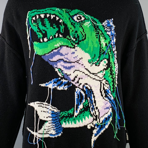 MSGM Size XL Black Green White Fish Distressed Cotton Crew Neck Sweater