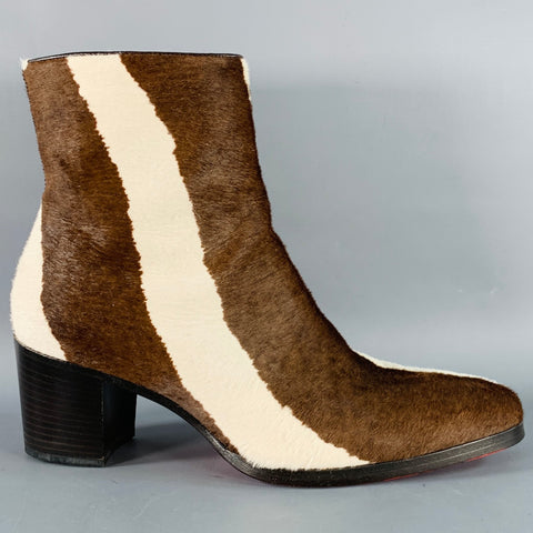 CHRISTIAN LOUBOUTIN Size 9 Brown Cream Calf Hair Zebra Side Zipper Stacked Heel Boots