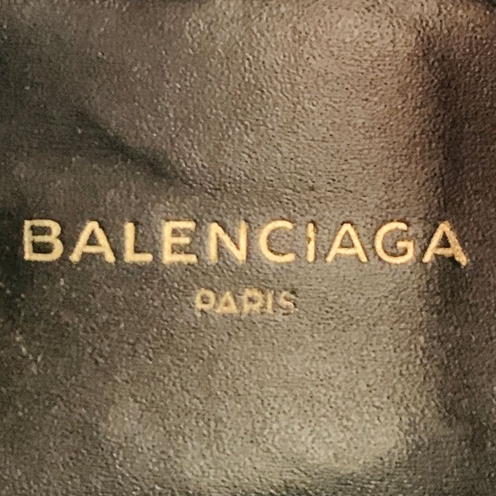 BALENCIAGA Size 8 Black Gold Logo Patent Leather Ankle Kitten Heel Boots
