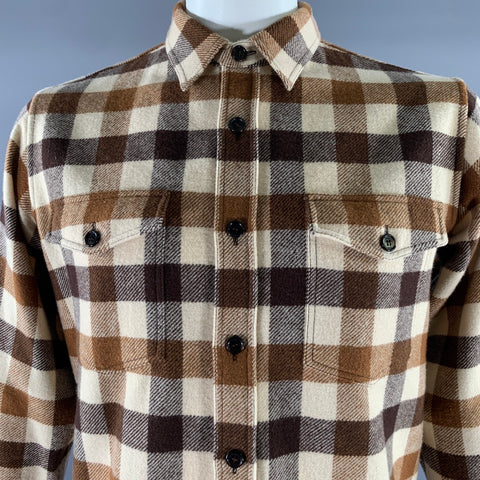 CELINE Size M Brown Camel Buffalo Plaid Wool Blend Shirt Jacket