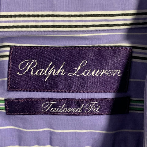 Chemise à manches longues Ralph Lauren, taille XL, en coton à rayures lilas, vertes et blanches, coupe ajustée.