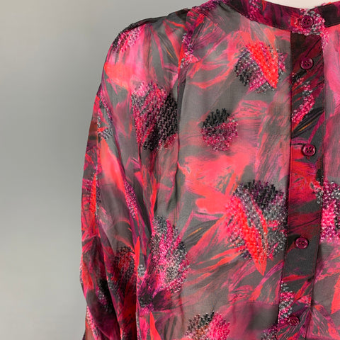 IRO Size 0 Red Black Silk Viscose Textured Oversized Casual Top
