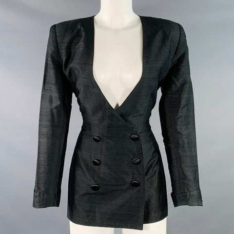 MELIVIER Vintage 1980s Size 4 Black Silk Shantung Padded Shoulders Double Breasted Jacket Blazer