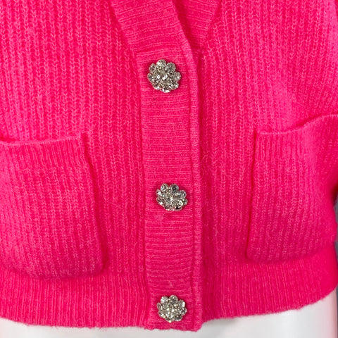 GANNI Size M Hot Pink Alpaca Blend Rhinestones Cropped Cardigan