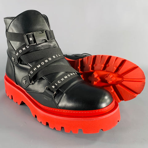 JOHN RICHMOND Size 13 Black Red Solid Leather Track Sole Boots