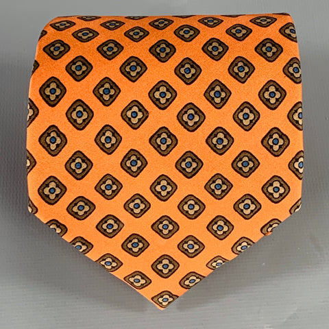FACONNABLE Orange Brown Squares Silk Tie