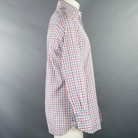 ISAIA Size M Burgundy White Blue Plaid Cotton Spread Collar Long Sleeve Shirt