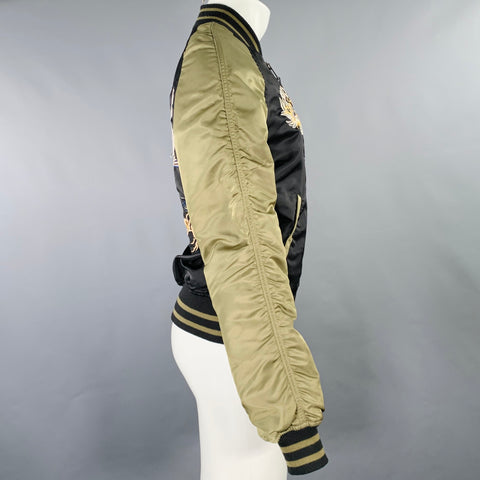 ALPHA INDUSTRIES Size S Black Olive Embroidery Nylon Bomber Jacket