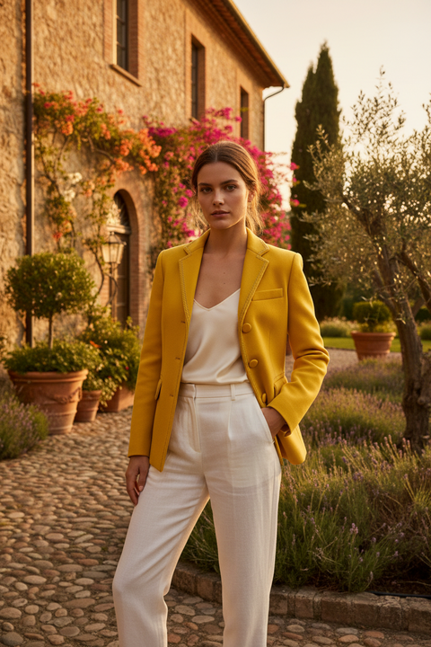 BOTTEGA VENETA Size 4 Yellow Wool Polyamide Chain Stitch Blazer