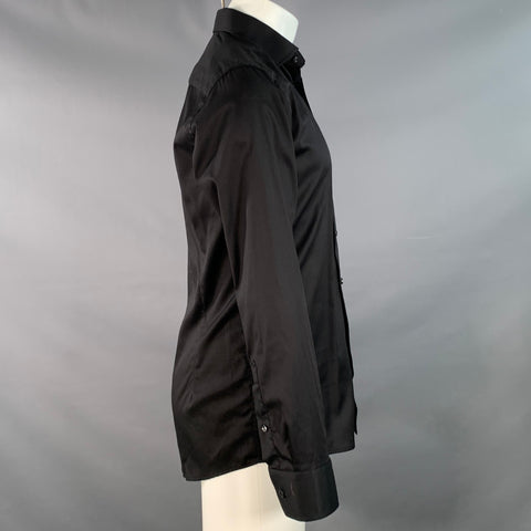 Chemise à manches longues boutonnée ETON, taille 39, en twill de coton noir, col italien.