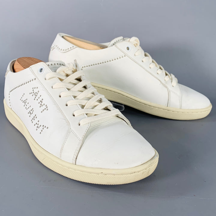 SAINT LAURENT Size 7 White Silver Leather Studded Low Top Sneakers