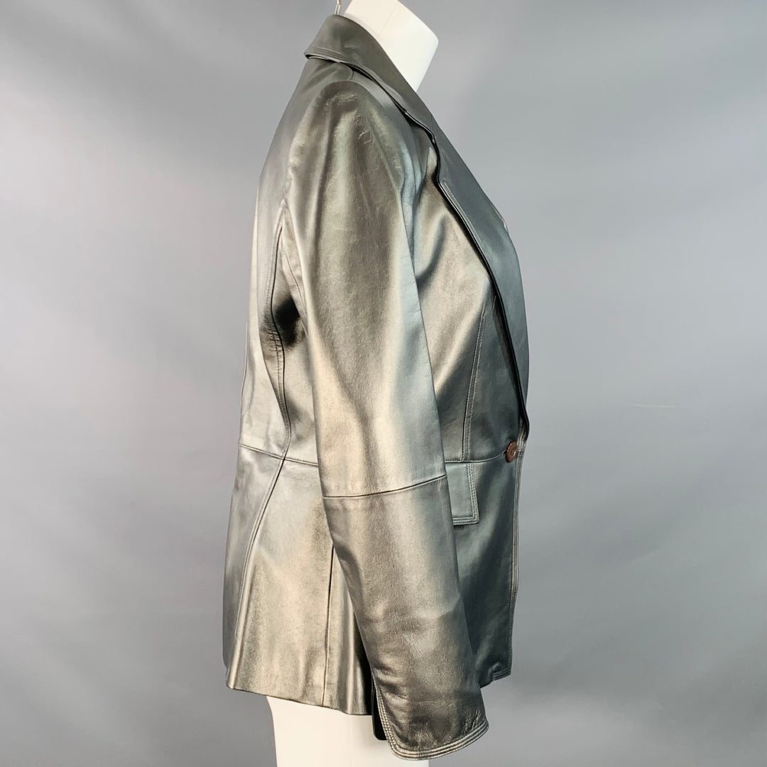 ELLEN TRACY Size 4 Metallic Silvre Leather Notch Lapel Jacket Blazer