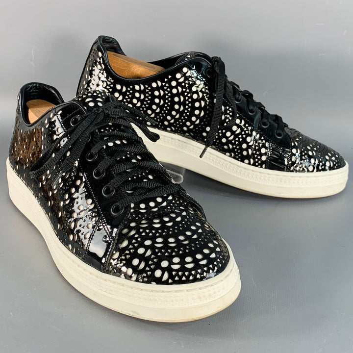 ALAIA Size 9 Black White Perforated Patent Leather Sneakers