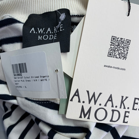 A.W.A.K.E.MODE Size XL Beige Navy Cotton Stripe Asymmetrical Dress