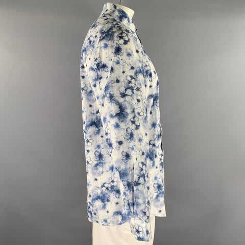 TED BAKER Size L Blue White Floral Cotton Button Up Long Sleeve Shirt