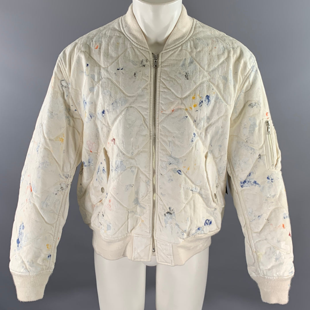 JOHN ELLIOTT Size XL White Navy Paint Splatter Cotton Bomber Jacket