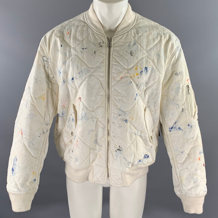 JOHN ELLIOTT Size XL White Navy Paint Splatter Cotton Bomber Jacket