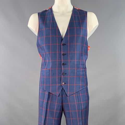 ASTOR & BLACK Size 44 Navy Red Twill Plaid Vest Suit Set