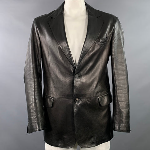 ARMANI COLLEZIONI Size 42 Black Lambskin Leather Single Breasted Notch Lapel Jacket
