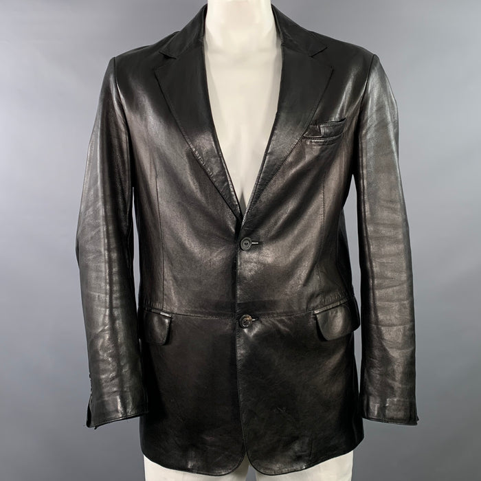 ARMANI COLLEZIONI Size 42 Black Lambskin Leather Single Breasted Notch Lapel Jacket