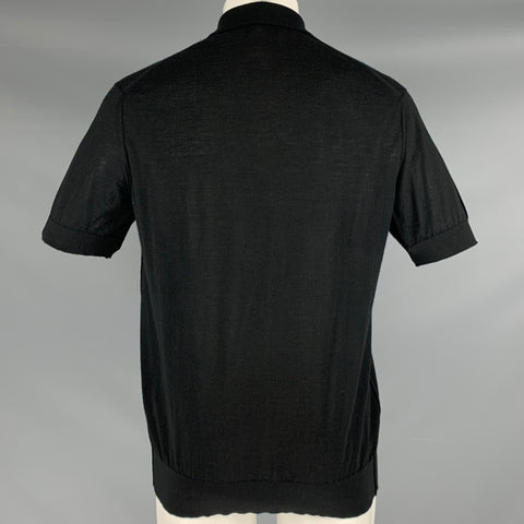 DOLCE & GABBANA Size M Black Beaded Honeybee Applique Cashmere Buttoned Polo