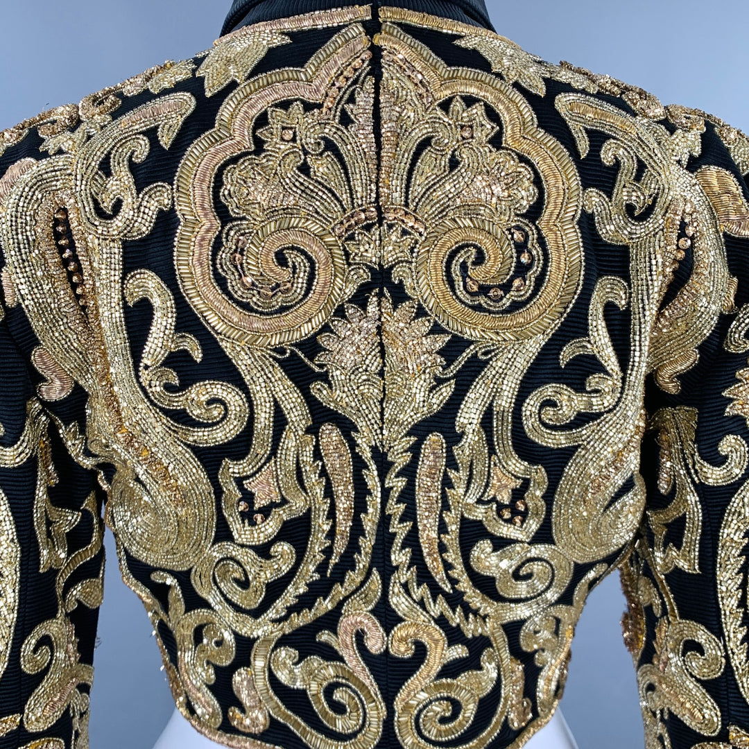 GENNY Size 8 Black Gold Taffeta Embroidered Bolero Jacket