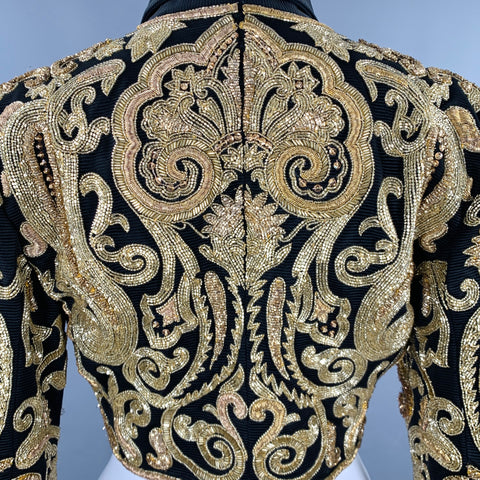 GENNY Size 8 Black Gold Taffeta Embroidered Bolero Jacket