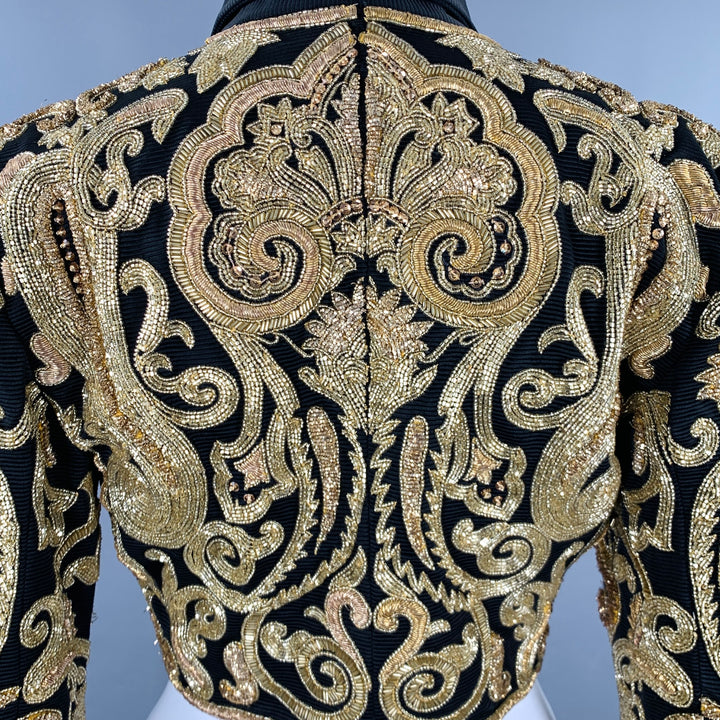 GENNY Size 8 Black Gold Taffeta Embroidered Bolero Jacket
