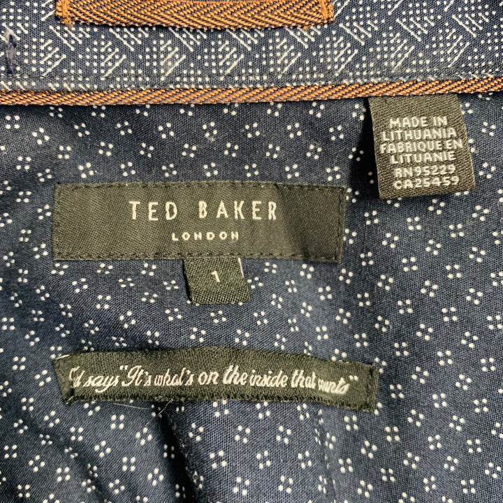 TED BAKER Size XS Foresth Navy Grey Square Dots Cotton Spread Collar Short Sleeve Shirt