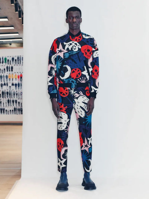 ALEXANDER MCQUEEN AW21 Runway Size 34 Black Multi Color Graffiti Wool Silk Dress Pants