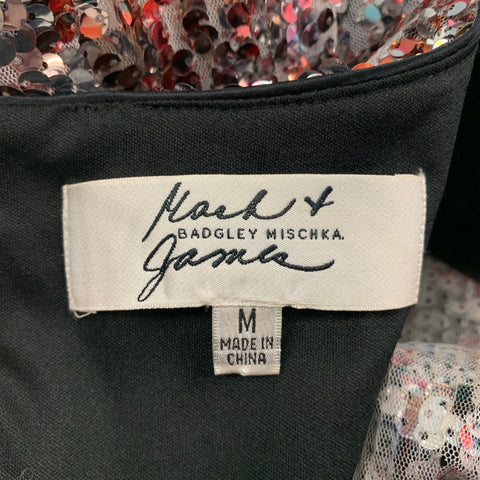 BADGLEY MISCHKA Robe Mini Manches Longues à Sequins Argentés et Bordeaux Taille M