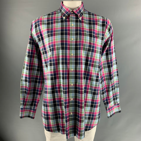 PETER MILLAR Size XL Blue Pink Checkered Cotton One pocket Long Sleeve Shirt