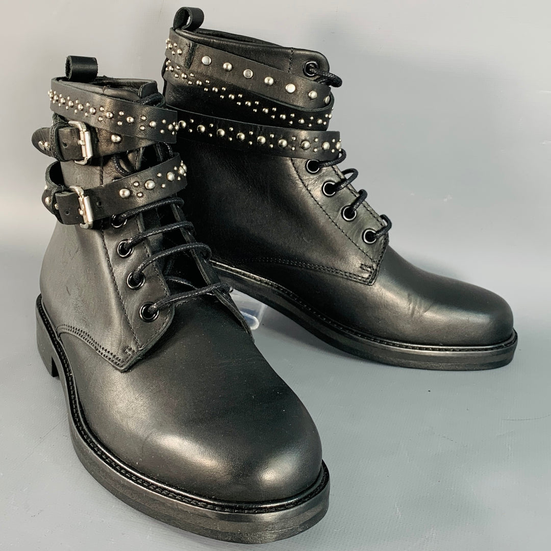 MAJE Size 6 Black Studded Leather Wrap Around Lace-Up Boots