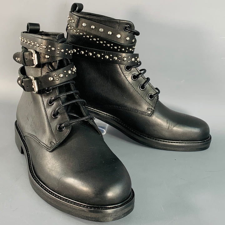 MAJE Size 6 Black Studded Leather Wrap Around Lace-Up Boots