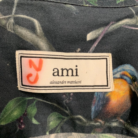 AMI by ALEXANDRE MATTIUSSI Size L Navy Green Brown Birds Long Sleeve Shirt