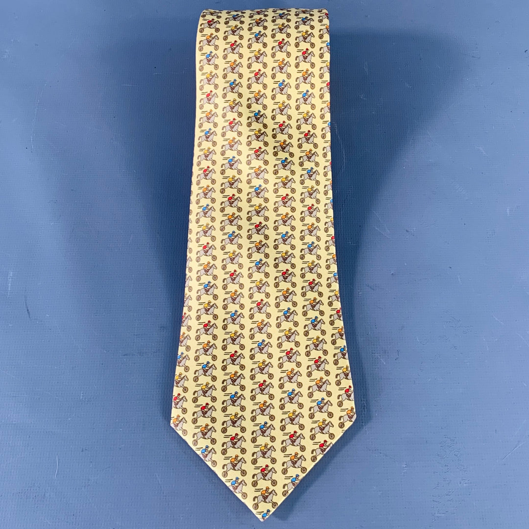 HERMES Yellow Multi Color Equestrian Silk Tie