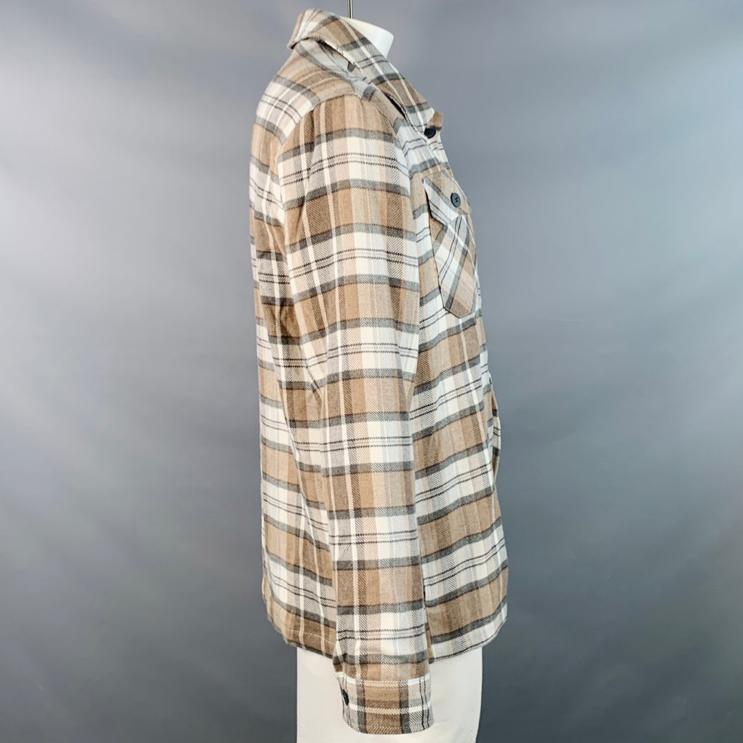 SAKS FIFTH AVENUE Size L Brown Grey Cream Plaid Cotton Shirt Jacket