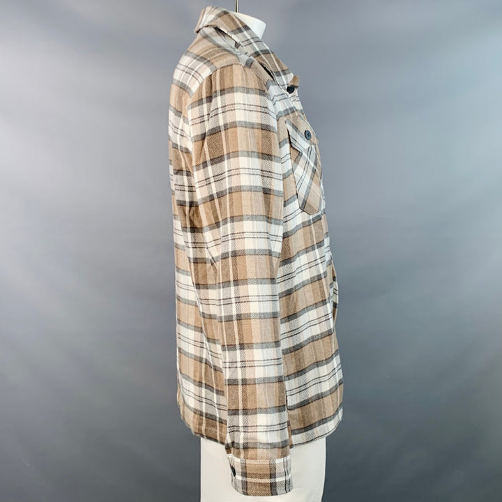 SAKS FIFTH AVENUE Size L Brown Grey Cream Plaid Cotton Shirt Jacket