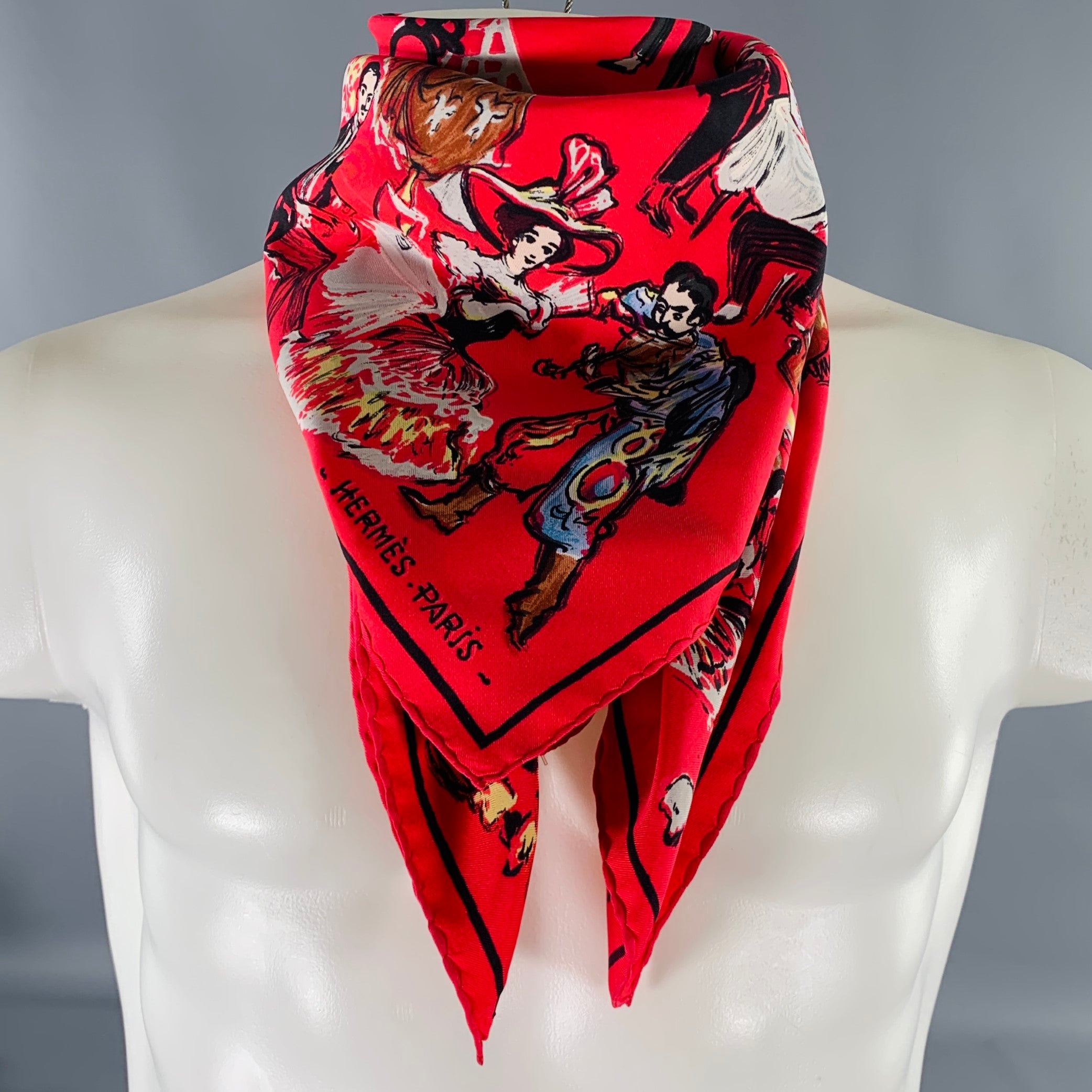 HERMES 1961 Jean-Louis Clerc -Armenonville- Red Black Figures Silk