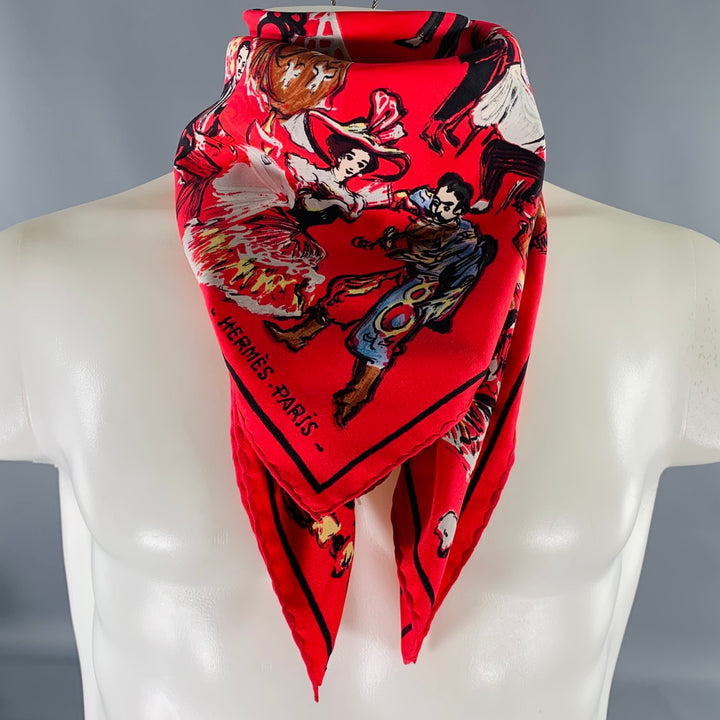 HERMES 1961 Jean-Louis Clerc -Armenonville- Red Black Figures Silk Scarf