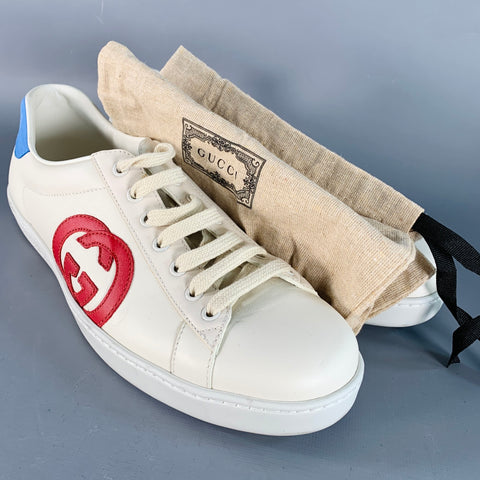 GUCCI Size 8.5 White Red Blue Logo Leather Suede Sneakers