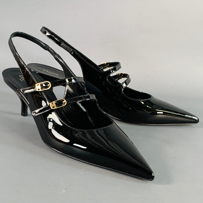 CELINE Size 12 Judy Black Patent Leather Slingback Kitten Heel Pumps