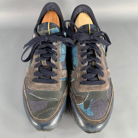 VALENTINO Size 9 Black Blue Red Color Block Leather Rubber Sole Sneakers