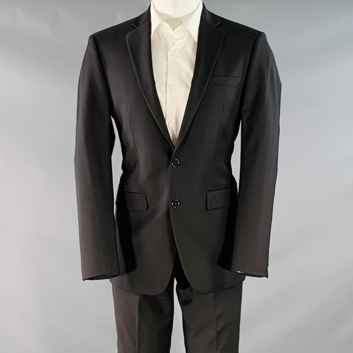 CALVIN KLEIN Size 38 Black Wool Blend Single Breasted Notch Lapel Suit