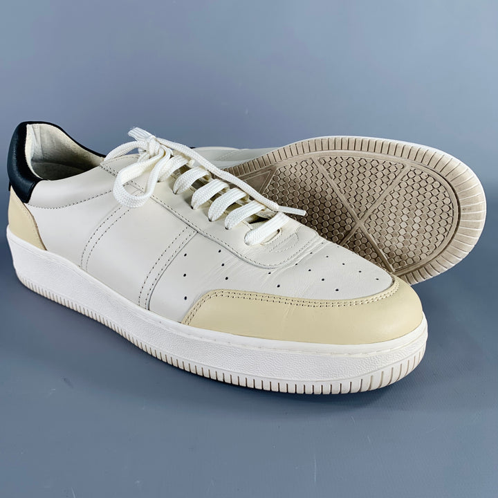 SANDRO Size 10 White Black Beige Color Block Leather Low Top Sneakers