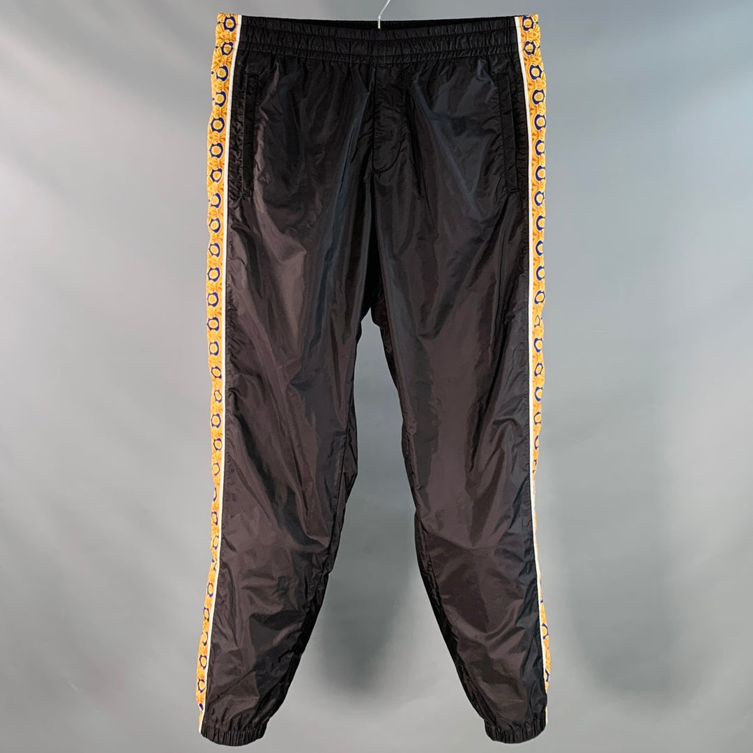VERSACE Size 36 Black Blue Gold Vertical Stripe Nylon Sweatpants Casual Pants