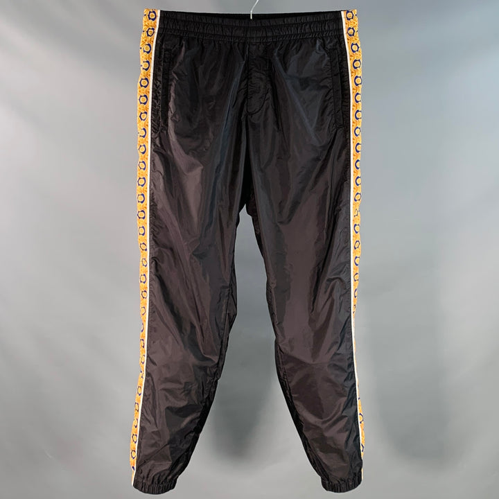 VERSACE Size 36 Black Blue Gold Vertical Stripe Nylon Sweatpants Casual Pants