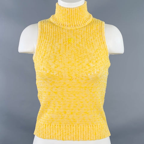 COURREGES Vintage Size S Yellow Cotton Blend Rib Knit Turtleneck Sleeveless Casual Top