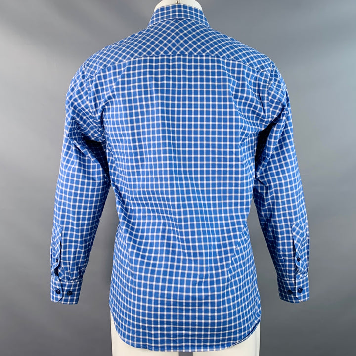 JARED LANG Size M Blue White Checkered Cotton Spread Collar Long Sleeve Shirt